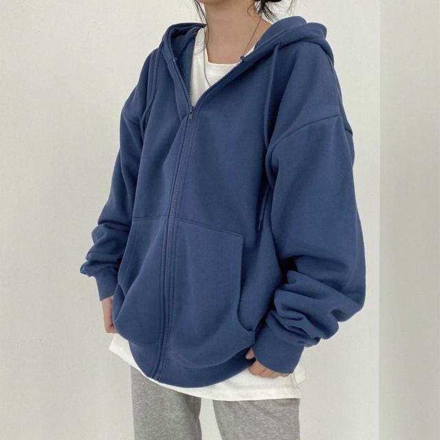 Hoodies Solid Color Zip Up Pocket